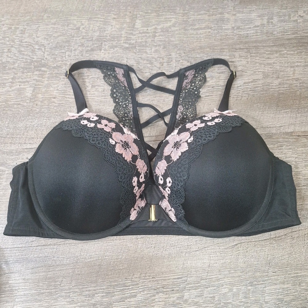 Cacique 44C Black Pink Lace Boost Plunge Bra Front Closure Strappy Racerback